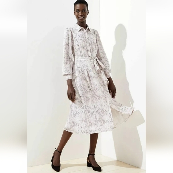 LOFT Dresses & Skirts - LOFT Snake Print Tie Waist Midi Lavender Beige Dress Size 2